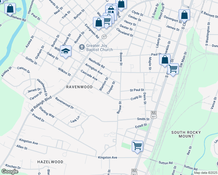 map of restaurants, bars, coffee shops, grocery stores, and more near 1500 Cooper Street in Rocky Mount