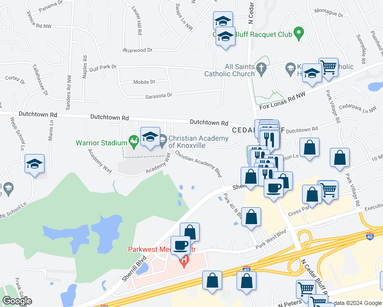 map of restaurants, bars, coffee shops, grocery stores, and more near 9251 Floyd Lane in Knoxville
