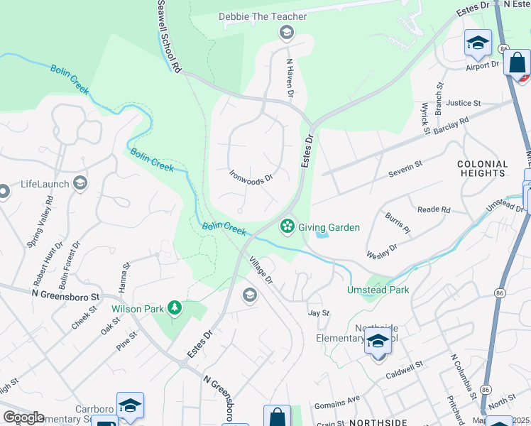 map of restaurants, bars, coffee shops, grocery stores, and more near 109 Edgehill Place in Chapel Hill
