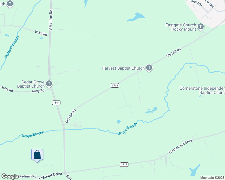 map of restaurants, bars, coffee shops, grocery stores, and more near 2501 Old Mill Road in Rocky Mount