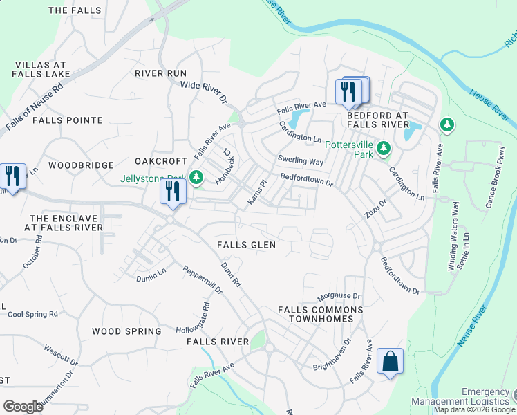 map of restaurants, bars, coffee shops, grocery stores, and more near 10530 Evergreen Spring Place in Raleigh