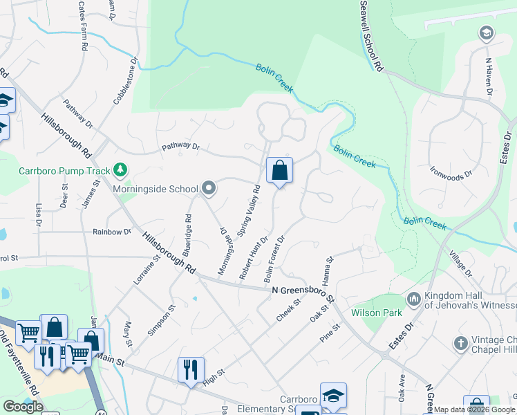 map of restaurants, bars, coffee shops, grocery stores, and more near 116 Spring Valley Rd in Carrboro