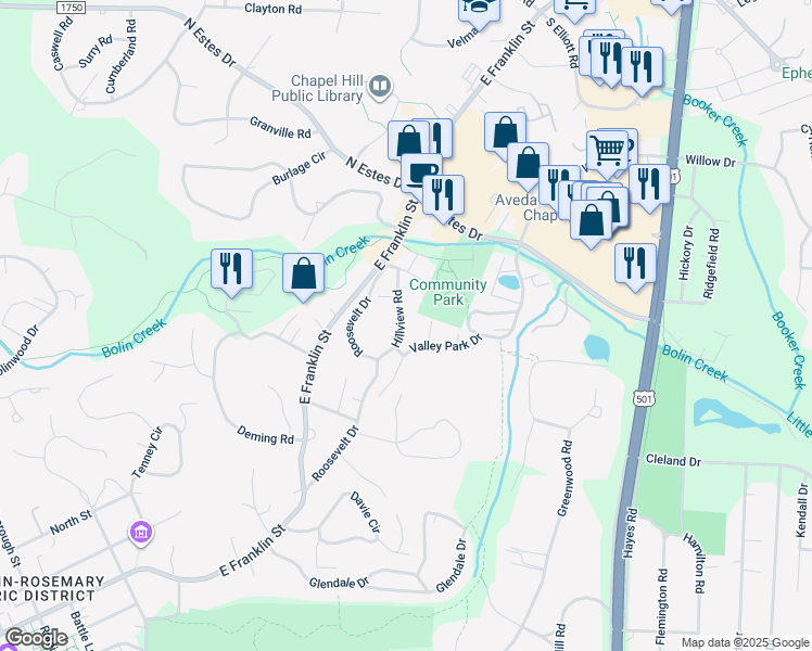 map of restaurants, bars, coffee shops, grocery stores, and more near 1210 Hillview Road in Chapel Hill
