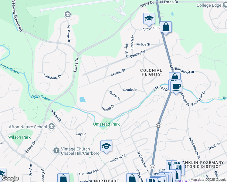 map of restaurants, bars, coffee shops, grocery stores, and more near 324 Burris Place in Chapel Hill