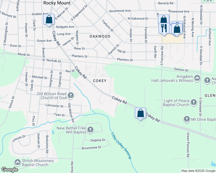 map of restaurants, bars, coffee shops, grocery stores, and more near 1332 Proctor Street in Rocky Mount