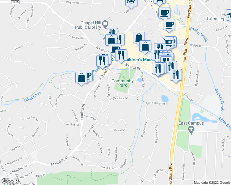 map of restaurants, bars, coffee shops, grocery stores, and more near 203 Angier Drive in Chapel Hill