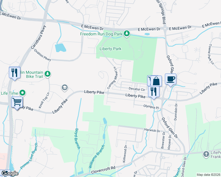 map of restaurants, bars, coffee shops, grocery stores, and more near 1904 Turning Wheel Lane in Franklin