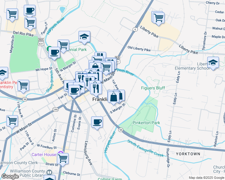 map of restaurants, bars, coffee shops, grocery stores, and more near 137 2nd Avenue South in Franklin
