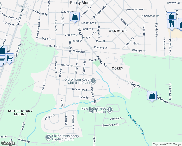 map of restaurants, bars, coffee shops, grocery stores, and more near 1318 Old Wilson Road in Rocky Mount