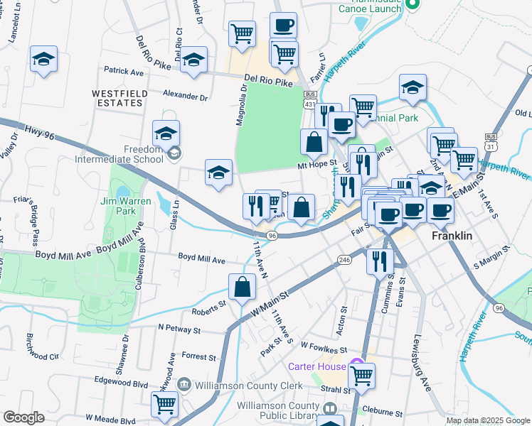 map of restaurants, bars, coffee shops, grocery stores, and more near 944 Green Street in Franklin