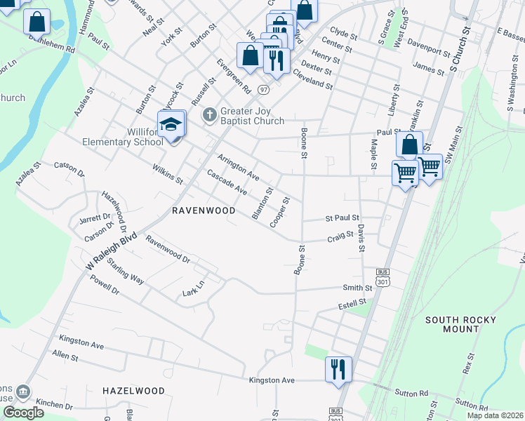 map of restaurants, bars, coffee shops, grocery stores, and more near 1500 Cooper Street in Rocky Mount