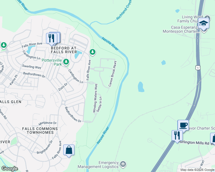 map of restaurants, bars, coffee shops, grocery stores, and more near 3202 Rain Forrest Way in Raleigh