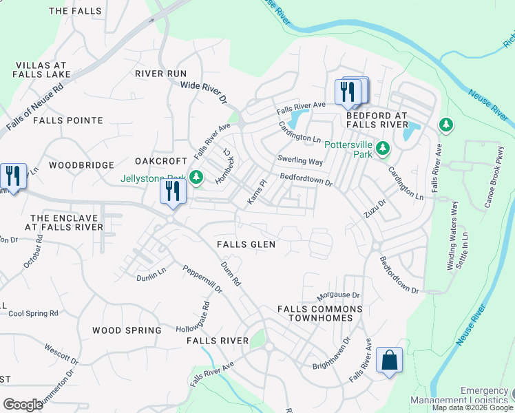 map of restaurants, bars, coffee shops, grocery stores, and more near 10530 Evergreen Spring Place in Raleigh