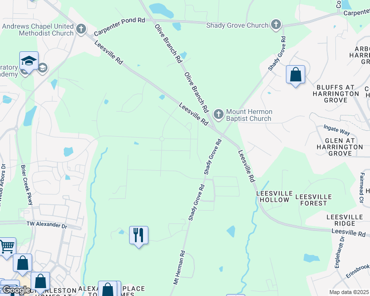 map of restaurants, bars, coffee shops, grocery stores, and more near 7214 Leesville Road in Durham