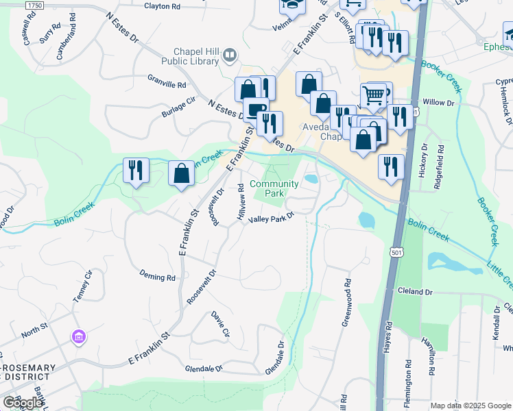 map of restaurants, bars, coffee shops, grocery stores, and more near 1206 Angier Drive in Chapel Hill