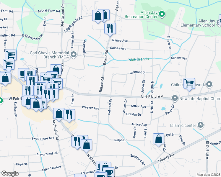 map of restaurants, bars, coffee shops, grocery stores, and more near 705 East Fairfield Road in High Point