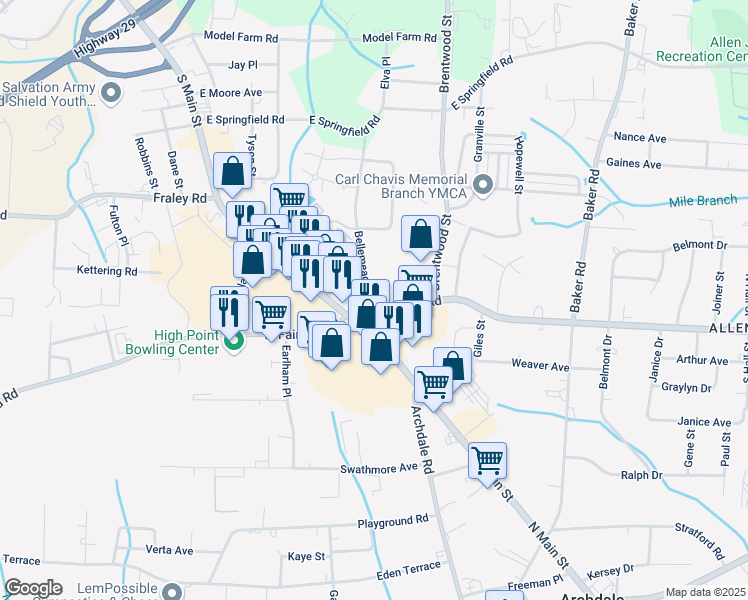 map of restaurants, bars, coffee shops, grocery stores, and more near 201 East Fairfield Road in High Point