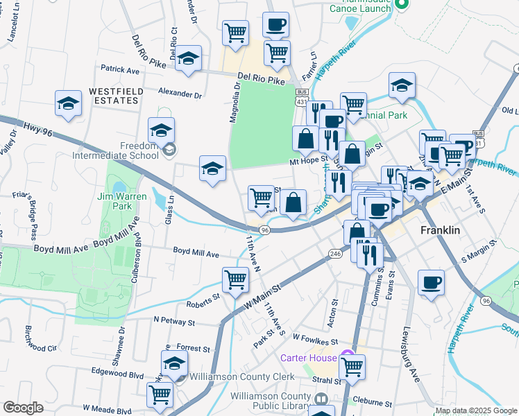 map of restaurants, bars, coffee shops, grocery stores, and more near 944 Green Street in Franklin