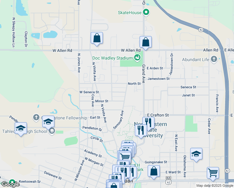 map of restaurants, bars, coffee shops, grocery stores, and more near 221 West Seneca Street in Tahlequah