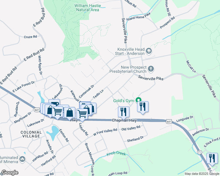 map of restaurants, bars, coffee shops, grocery stores, and more near 6100 Thomas Rd in Knoxville