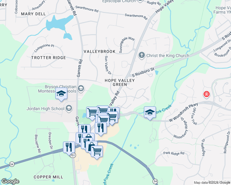 map of restaurants, bars, coffee shops, grocery stores, and more near 3304 Meadowrun Drive in Durham