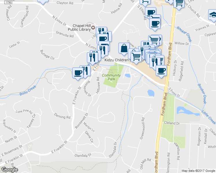 map of restaurants, bars, coffee shops, grocery stores, and more near 1206 Angier Drive in Chapel Hill