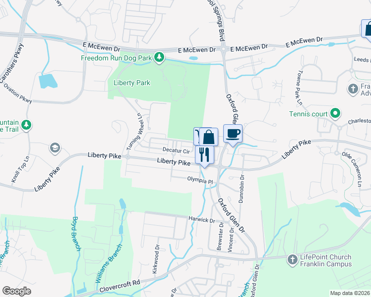 map of restaurants, bars, coffee shops, grocery stores, and more near 1504 Decatur Circle in Franklin