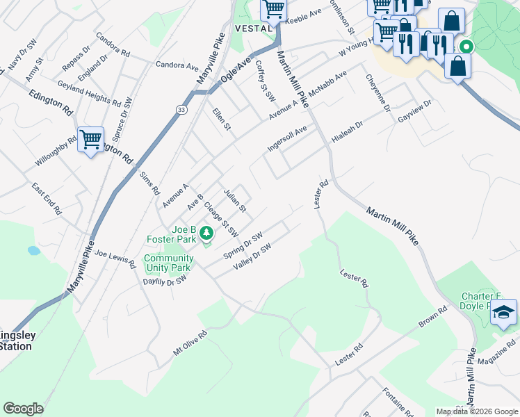map of restaurants, bars, coffee shops, grocery stores, and more near 818 Drive East in Knoxville