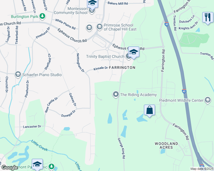 map of restaurants, bars, coffee shops, grocery stores, and more near 5118 George King Road in Durham