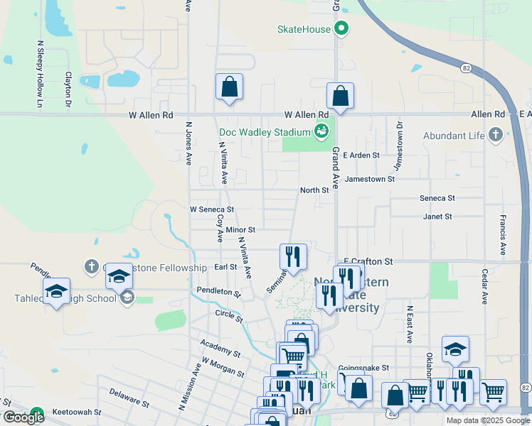 map of restaurants, bars, coffee shops, grocery stores, and more near 221 West Seneca Street in Tahlequah