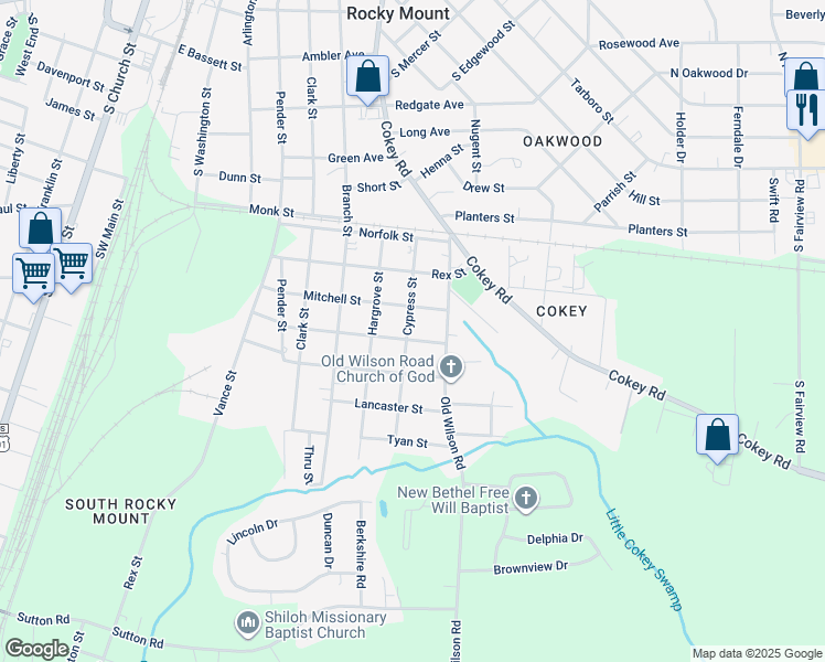 map of restaurants, bars, coffee shops, grocery stores, and more near 1319 Cypress Street in Rocky Mount