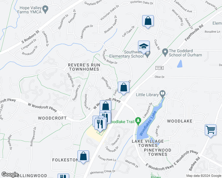 map of restaurants, bars, coffee shops, grocery stores, and more near 5500 Fortunes Ridge Drive in Durham