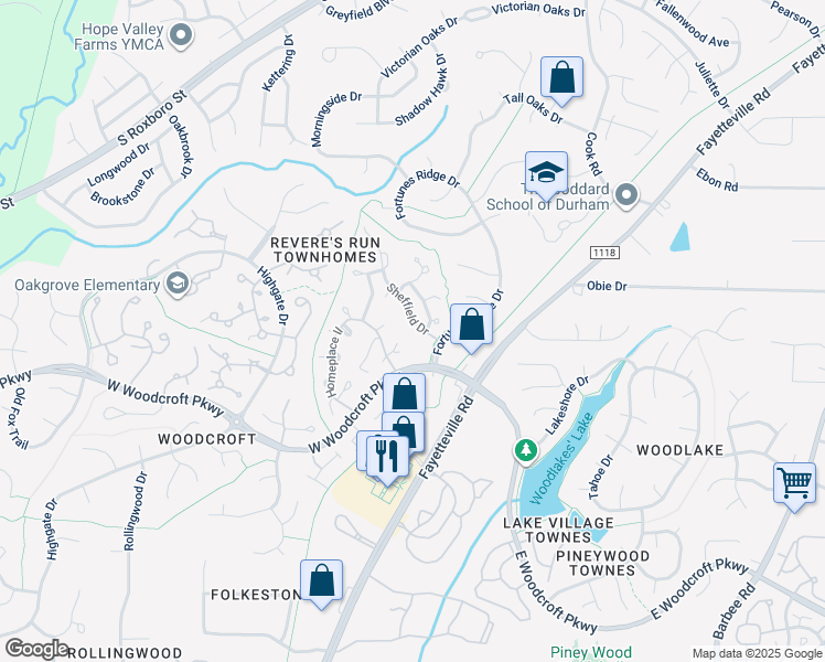 map of restaurants, bars, coffee shops, grocery stores, and more near 5500 Fortunes Ridge Drive in Durham
