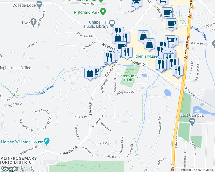 map of restaurants, bars, coffee shops, grocery stores, and more near 1210 Roosevelt Drive in Chapel Hill
