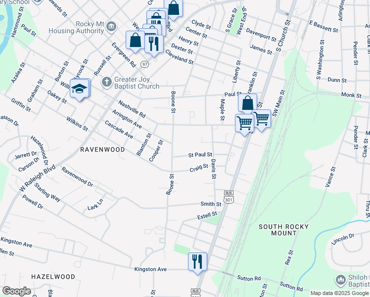 map of restaurants, bars, coffee shops, grocery stores, and more near 1503 Boone Street in Rocky Mount