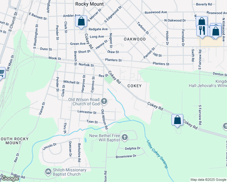 map of restaurants, bars, coffee shops, grocery stores, and more near 1036 Burt Street in Rocky Mount