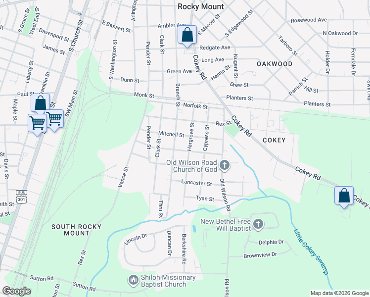 map of restaurants, bars, coffee shops, grocery stores, and more near 1324 Hargrove Street in Rocky Mount