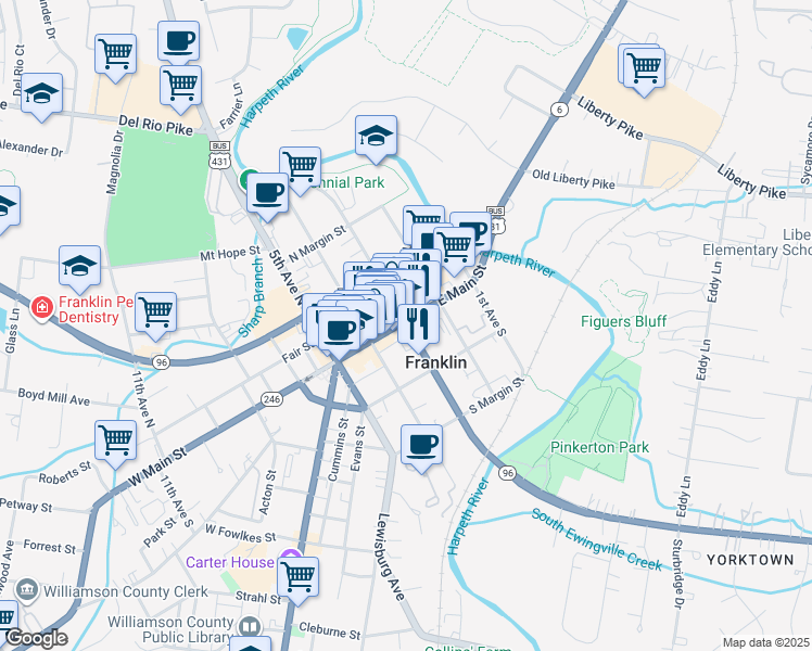map of restaurants, bars, coffee shops, grocery stores, and more near in Franklin