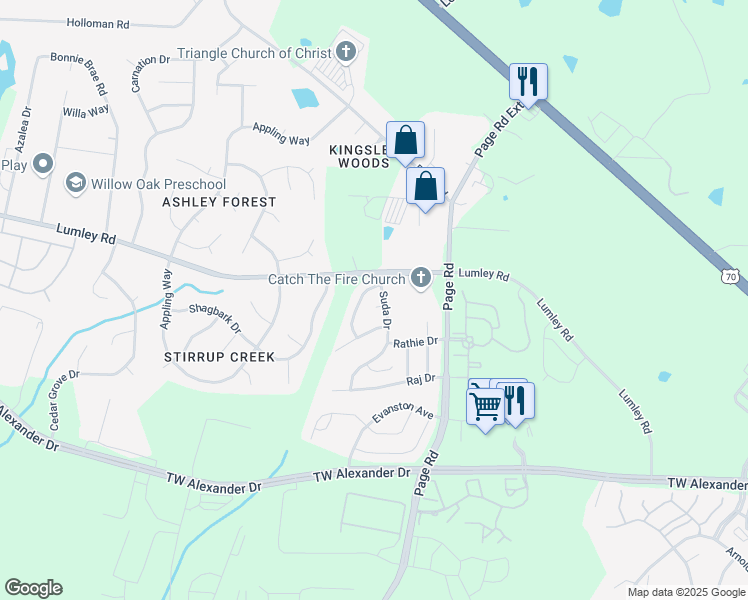 map of restaurants, bars, coffee shops, grocery stores, and more near 4 Om Court in Durham