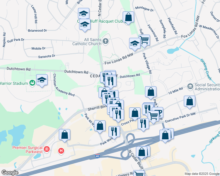 map of restaurants, bars, coffee shops, grocery stores, and more near 462 North Cedar Bluff Road in Knoxville