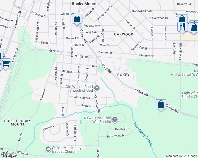 map of restaurants, bars, coffee shops, grocery stores, and more near 1318 Old Wilson Road in Rocky Mount