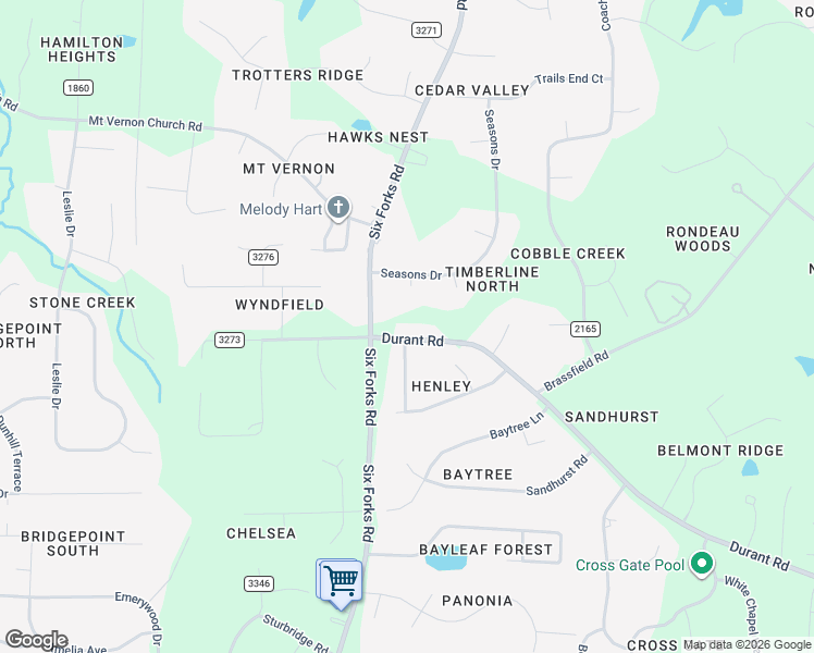 map of restaurants, bars, coffee shops, grocery stores, and more near 14024 Durant Road in Raleigh