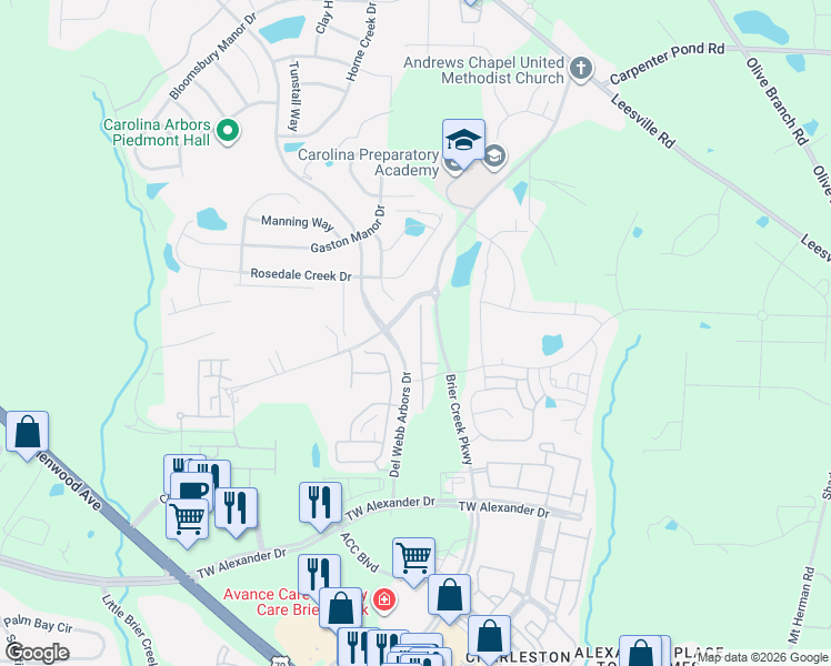 map of restaurants, bars, coffee shops, grocery stores, and more near 321 Acorn Hollow Place in Durham