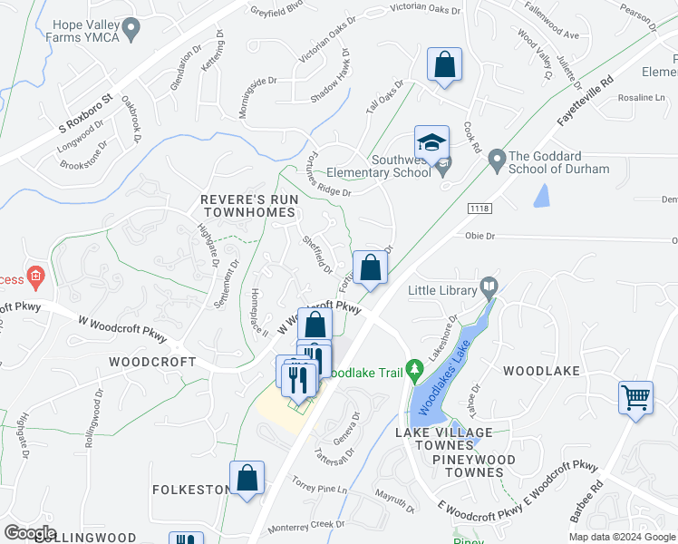 map of restaurants, bars, coffee shops, grocery stores, and more near 5500 Fortunes Ridge Drive in Durham