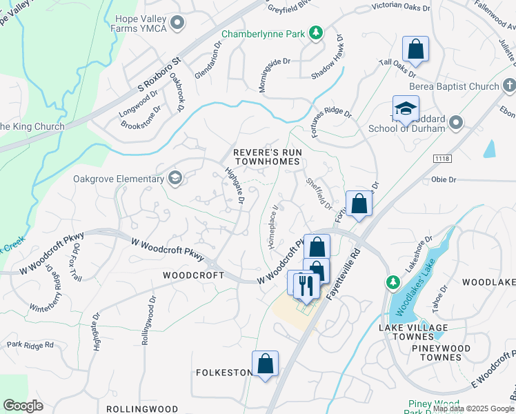 map of restaurants, bars, coffee shops, grocery stores, and more near 200 West Woodcroft Parkway in Durham