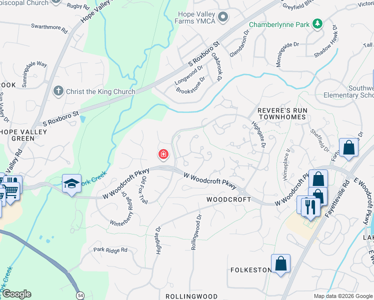 map of restaurants, bars, coffee shops, grocery stores, and more near 1048 West Woodcroft Parkway in Durham
