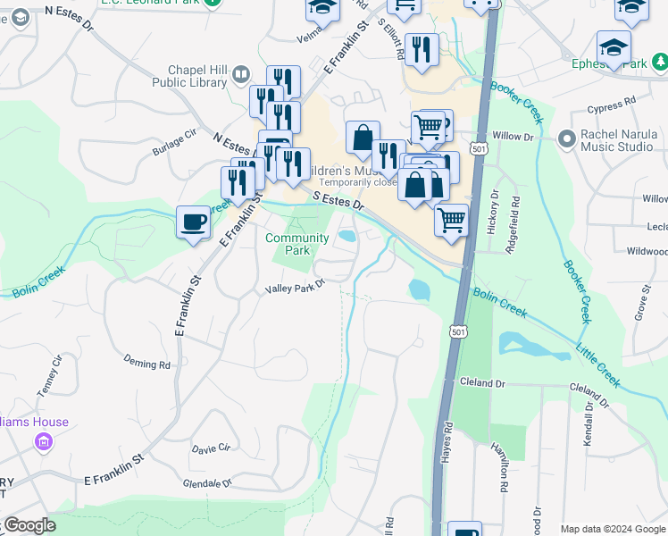 map of restaurants, bars, coffee shops, grocery stores, and more near a6 Camelot Drive in Chapel Hill