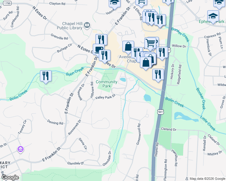 map of restaurants, bars, coffee shops, grocery stores, and more near a6 Camelot Drive in Chapel Hill