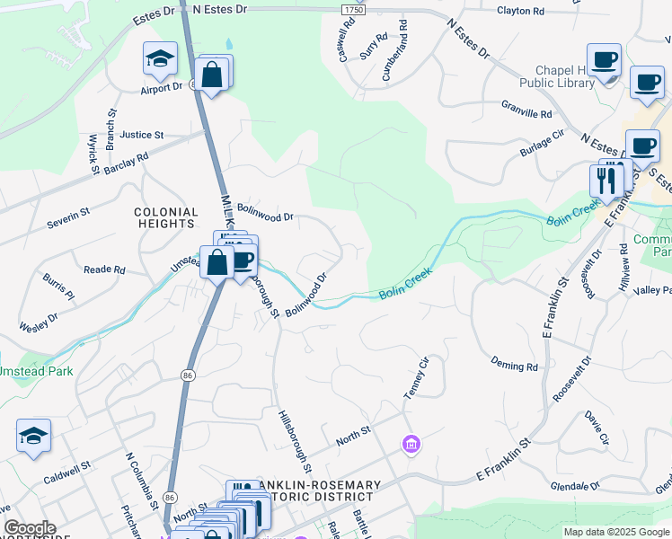 map of restaurants, bars, coffee shops, grocery stores, and more near 700 Bolinwood Drive in Chapel Hill