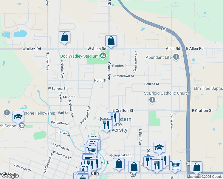 map of restaurants, bars, coffee shops, grocery stores, and more near 1000 North Grand Avenue in Tahlequah